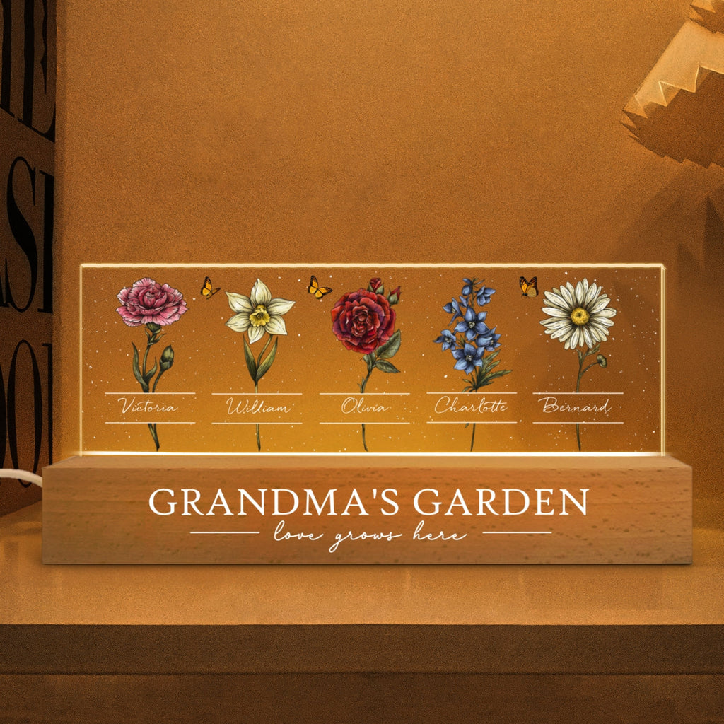 Grandma's Garden Of Grandkids Birth Month Flowers Personalized LED Night Light, Heartfelt Gift For Grandma, Mom