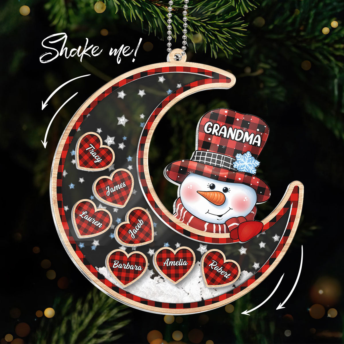 Grandma Snowman On Moon Personalized Shaker Ornament, Christmas Gift For Grandma & Grandchildren