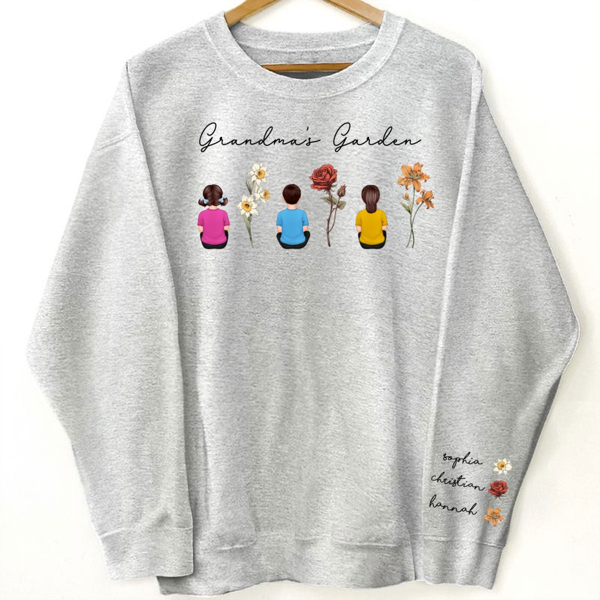 Grandma's Garden Back View Kid Sitting Birth Month Flower Personalized Sleeve Printed Sweatshirt