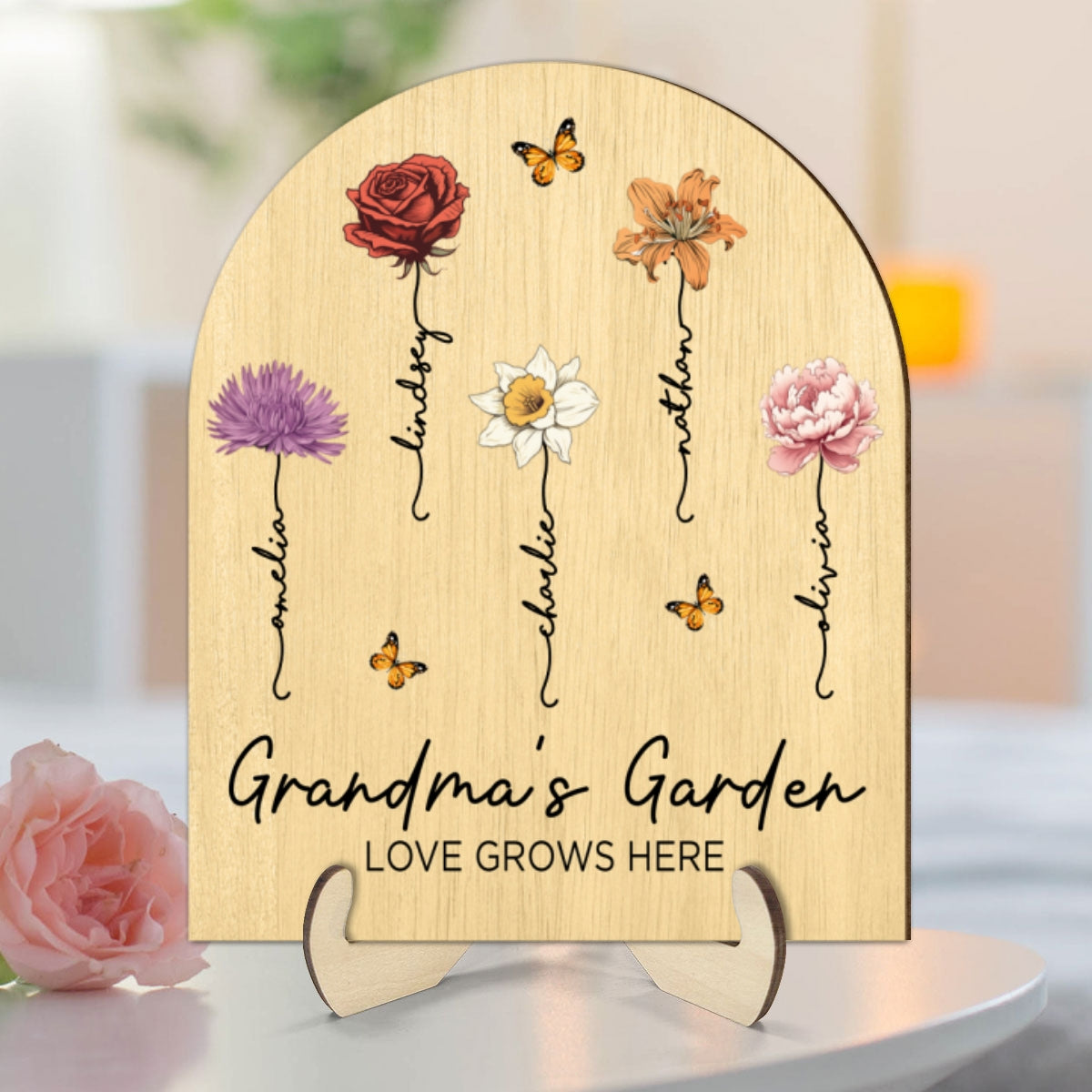 Grandma's Garden Beautiful Birth Month Flowers Dome Shaped Personalized Wooden Plaque