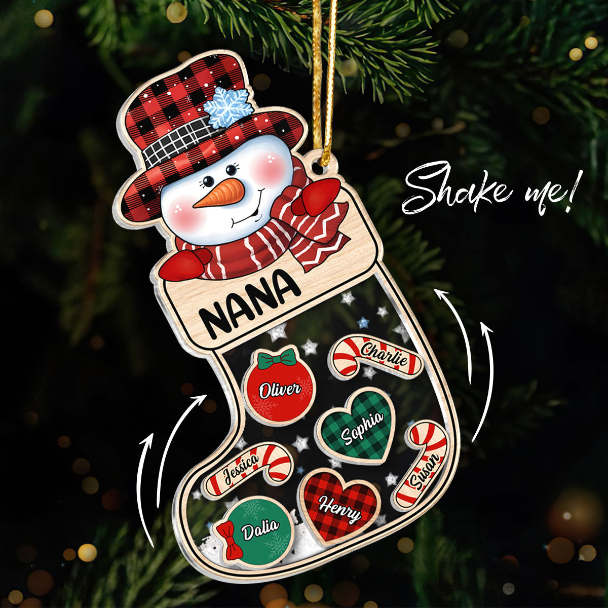 Grandma Snowman Kids In Christmas Socks Personalized Shaker Ornament