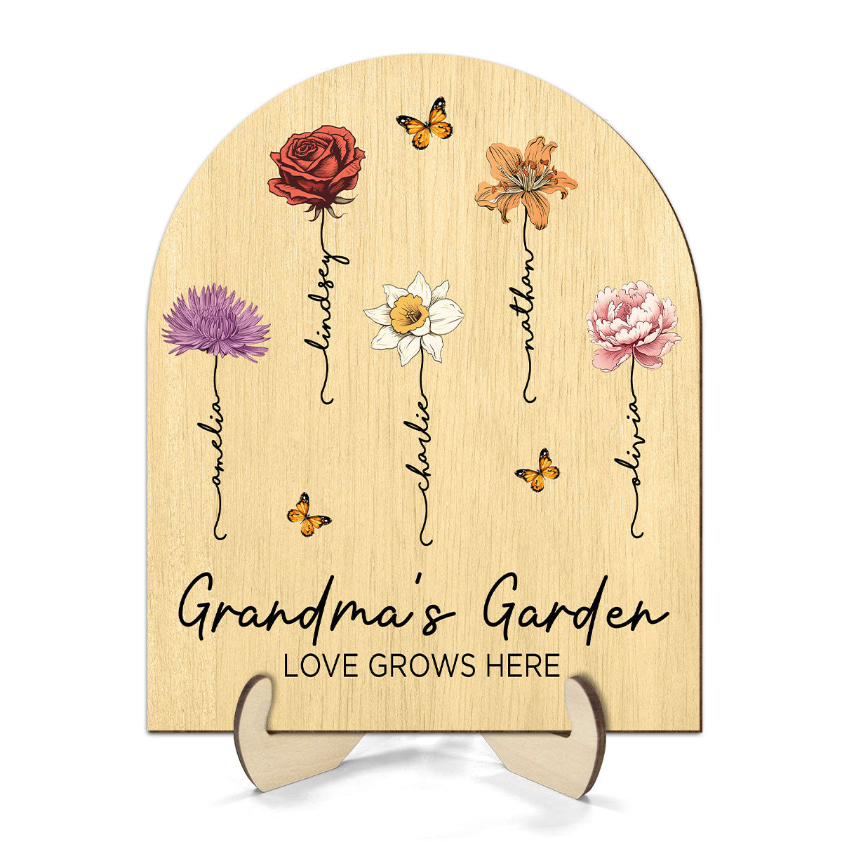 Grandma's Garden Beautiful Birth Month Flowers Dome Shaped Personalized Wooden Plaque