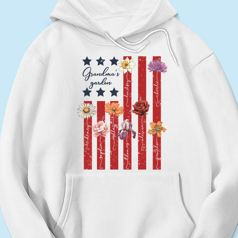 Grandma's Garden 4th Of July American Flag Personalized Shirt, Birth Month Flower, Gift For Grandma