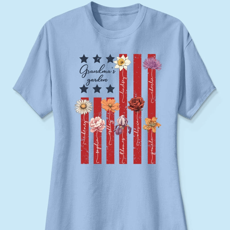 Grandma's Garden 4th Of July American Flag Personalized Shirt, Birth Month Flower, Gift For Grandma