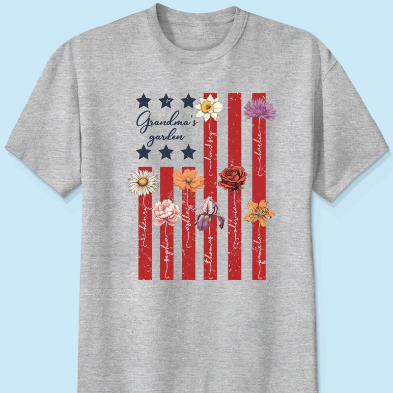 Grandma's Garden 4th Of July American Flag Personalized Shirt, Birth Month Flower, Gift For Grandma