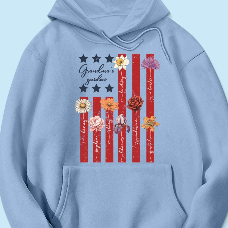 Grandma's Garden 4th Of July American Flag Personalized Shirt, Birth Month Flower, Gift For Grandma