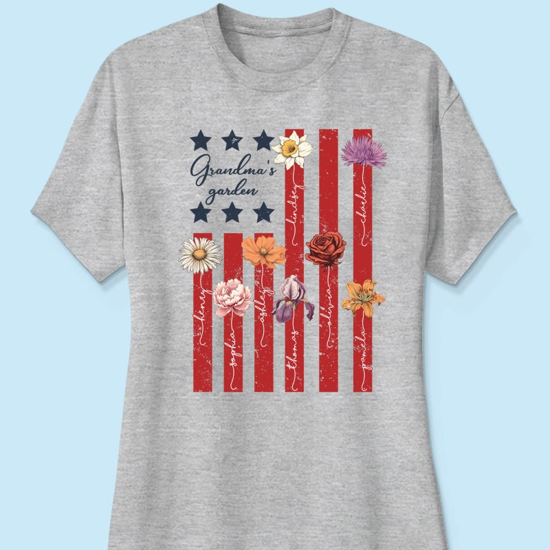 Grandma's Garden 4th Of July American Flag Personalized Shirt, Birth Month Flower, Gift For Grandma