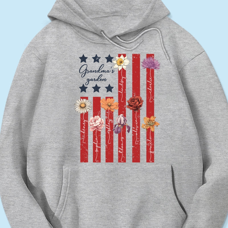 Grandma's Garden 4th Of July American Flag Personalized Shirt, Birth Month Flower, Gift For Grandma