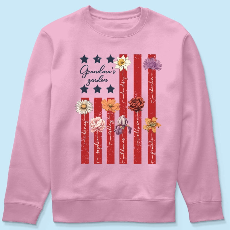 Grandma's Garden 4th Of July American Flag Personalized Shirt, Birth Month Flower, Gift For Grandma