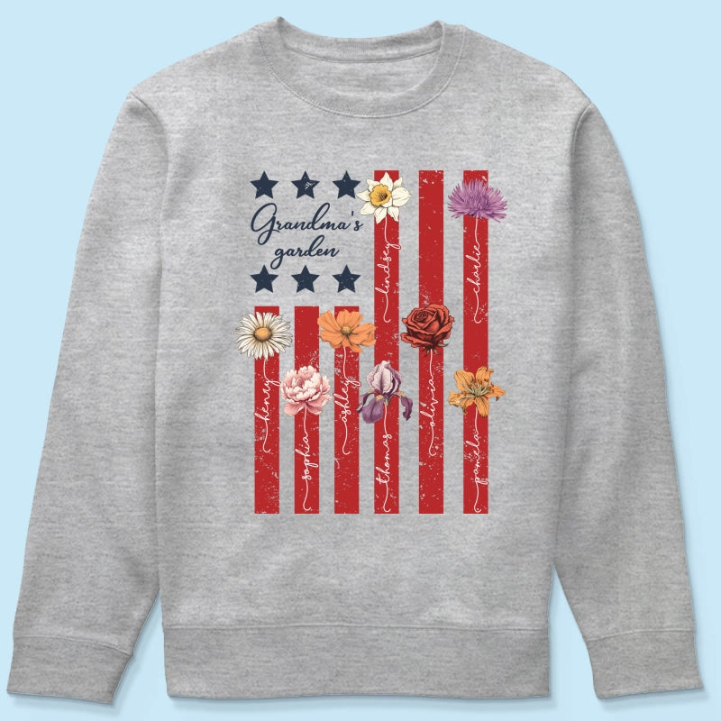 Grandma's Garden 4th Of July American Flag Personalized Shirt, Birth Month Flower, Gift For Grandma