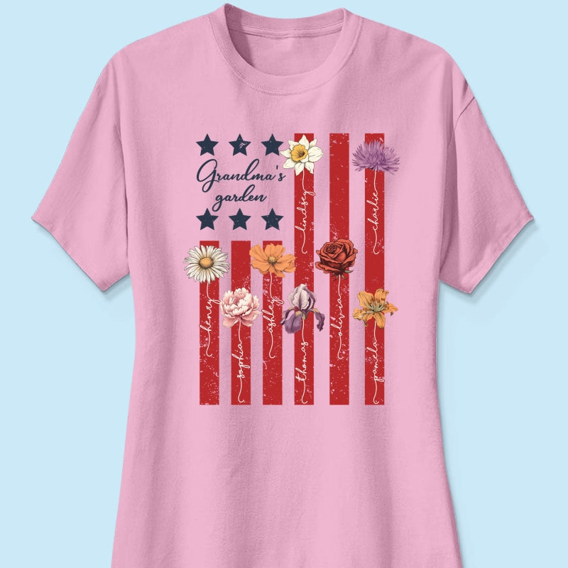 Grandma's Garden 4th Of July American Flag Personalized Shirt, Birth Month Flower, Gift For Grandma