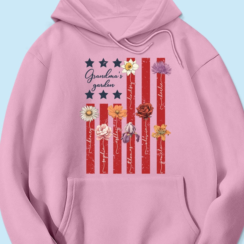 Grandma's Garden 4th Of July American Flag Personalized Shirt, Birth Month Flower, Gift For Grandma