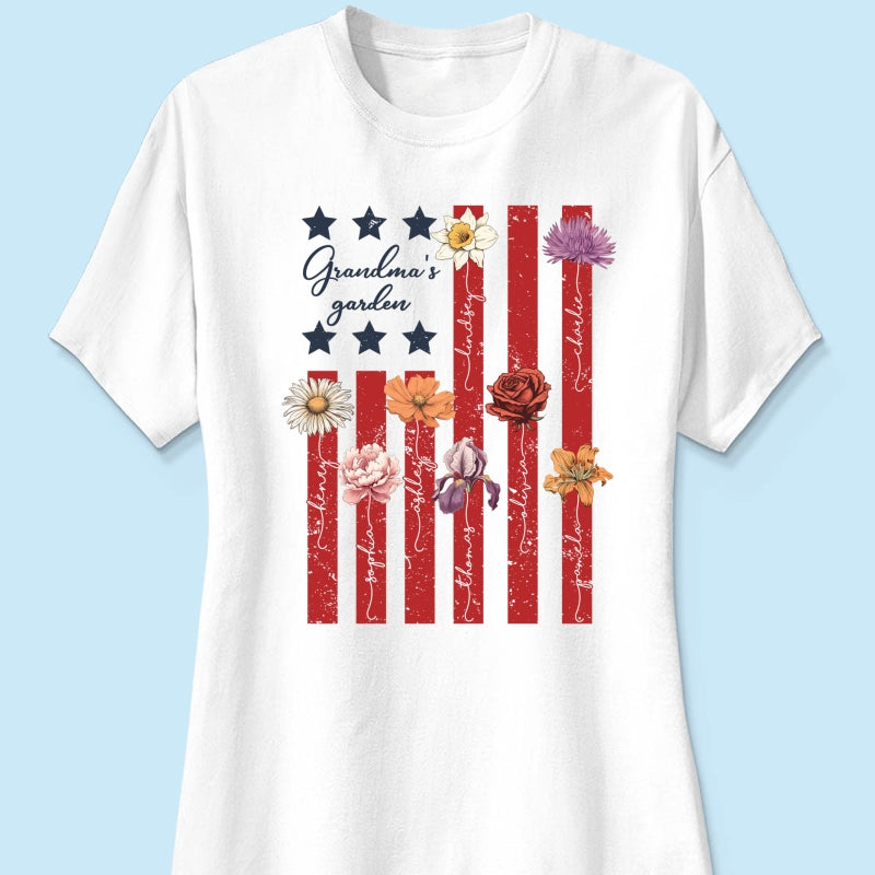 Grandma's Garden 4th Of July American Flag Personalized Shirt, Birth Month Flower, Gift For Grandma