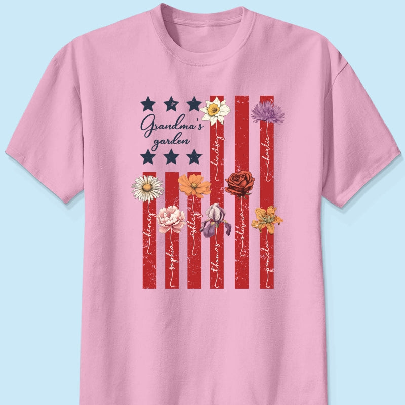 Grandma's Garden 4th Of July American Flag Personalized Shirt, Birth Month Flower, Gift For Grandma