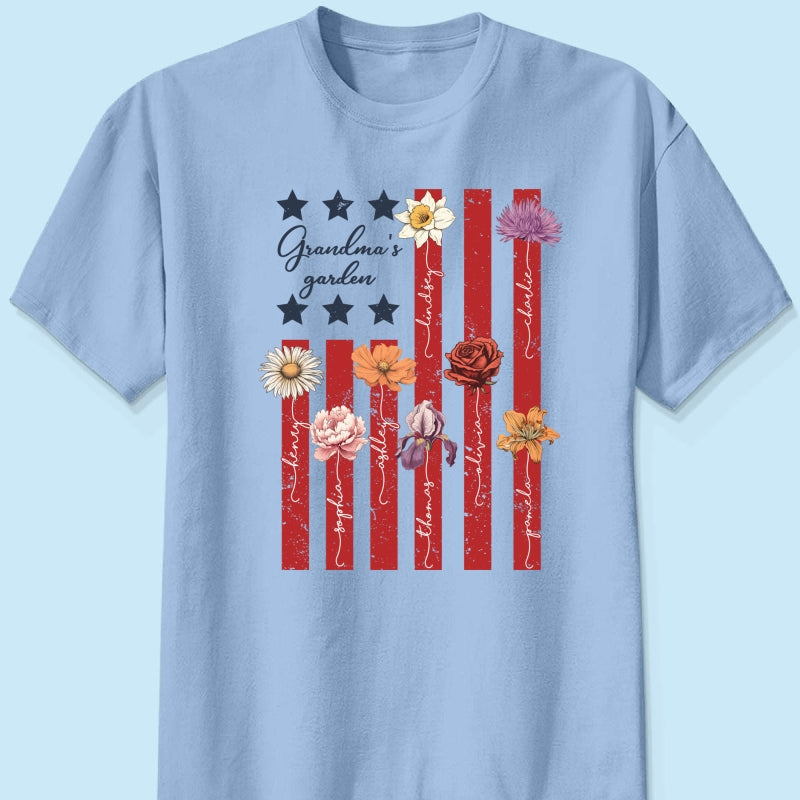Grandma's Garden 4th Of July American Flag Personalized Shirt, Birth Month Flower, Gift For Grandma