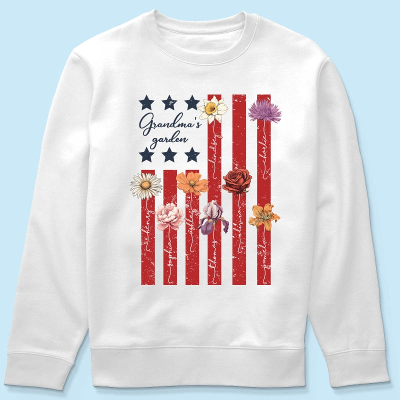 Grandma's Garden 4th Of July American Flag Personalized Shirt, Birth Month Flower, Gift For Grandma