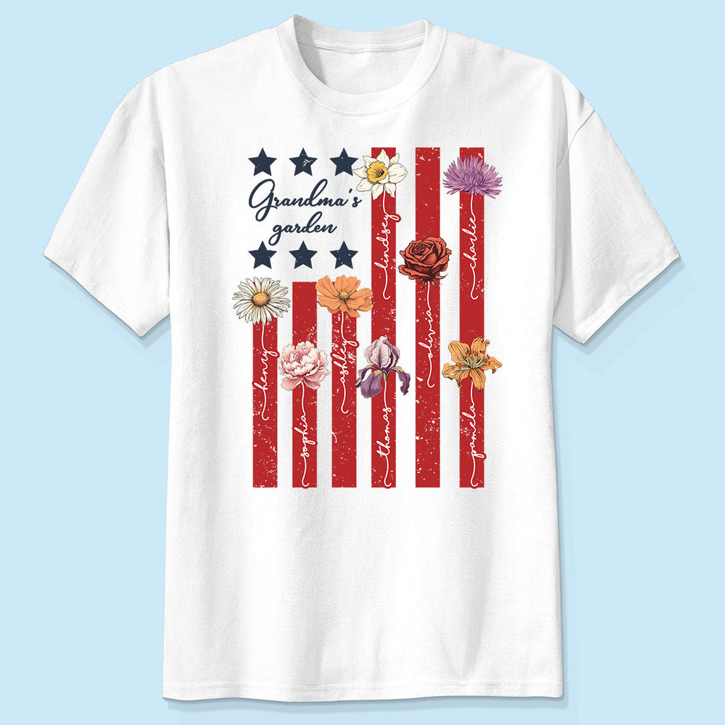 Grandma's Garden 4th Of July American Flag Personalized Shirt, Birth Month Flower, Gift For Grandma